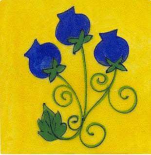 blue and green design on yellow tile 4x4