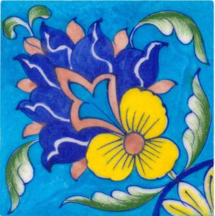 blue pink turquoise yellow and green design on turquoise tile 4x4