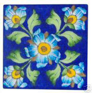 Blue Tile with turquoise flowers and green leaves (4x4-bpt06)