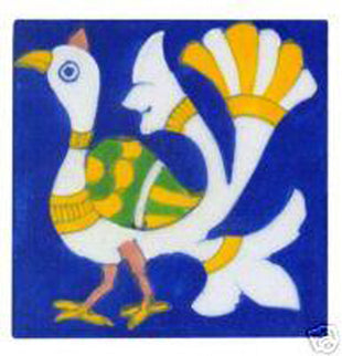 Blue tile with white,yellow & green peacock (4x4-bpt07)