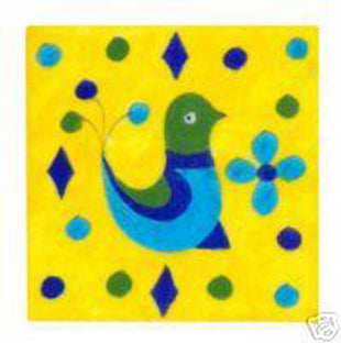 Yellow tile with blue, green & turquoise bird (4x4-bpt09)