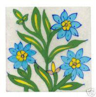 White tile with light blue flowers and green-yellow leaves (4x4-bpt14)