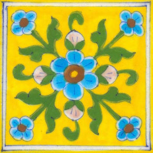 Yellow bordered tile with turquoise, pink flowers and green leaves (4x4-bpt28)