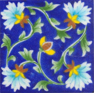 Luxury Kitchen Backsplash Floral Leafy Design Blue Pottery Tile