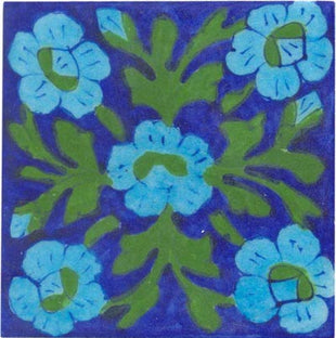 turquoise and green flower on blue tile 4x4