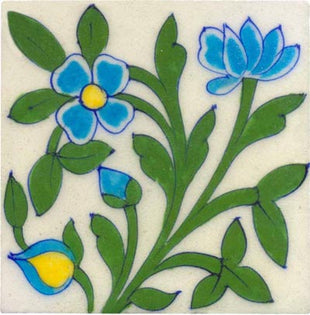 turquoise flower and green tile on white tile 4x4