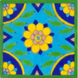 turquoise tile with yellow and blue center and corner's design 4x4