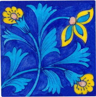 sky blue leaves with yellow flowers on blue tile 4x4