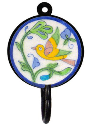 Blue Pottery Round Iron Wall Hook - Pink, Blue, Green and Yellow Bird with Flowers