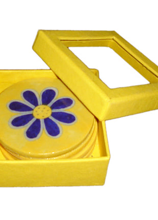 Blue Pottery Coaster Set - Round Yellow Coasters with Blue Flower