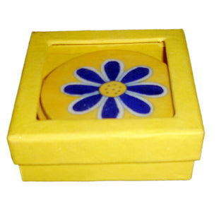 Blue Pottery Coaster Set - Round Yellow Coasters with Blue Flower
