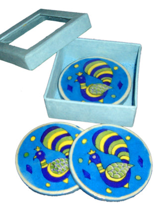 Blue Pottery Coaster Set - Round Turquoise, Blue, Yellow and Green Coasters with Peacock