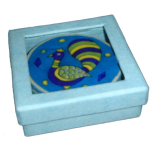 Blue Pottery Coaster Set - Round Turquoise, Blue, Yellow and Green Coasters with Peacock
