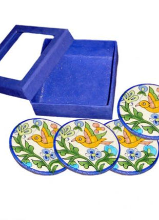 Blue Pottery Coaster Set - Round Pink, Green, Blue, Yellow and Turquoise Coaster with Bird and Flowers