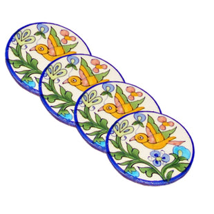 Blue Pottery Coaster Set - Round Pink, Green, Blue, Yellow and Turquoise Coaster with Bird and Flowers