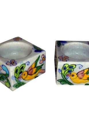 Blue Pottery Candle Holder Set - Pink, Yellow, Green, Blue and Turquoise Bird and Flowers