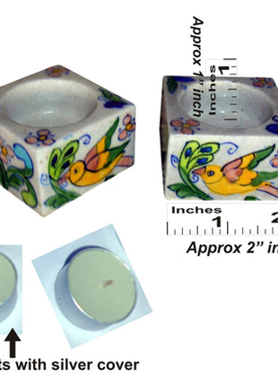 Blue Pottery Candle Holder Set - Pink, Yellow, Green, Blue and Turquoise Bird and Flowers