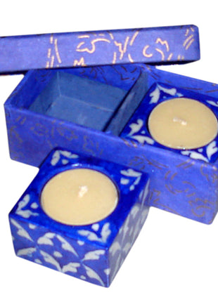 Blue Pottery Candle Holder Set - Blue and White Design
