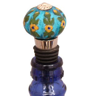 Turquoise Base With Yellow Flower Ceramic Wine Bottle Stopper (Set of Two)