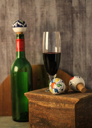 Stylish Red Green And Black Floral Ceramic Wine Bottle Stopper (Sold In Set of 2)