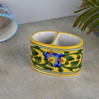 Blue Flower with Green Leaves On Yellow Base Color Tooth Paste Holder