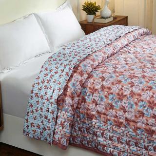  Italian Rose Blue and Brown Hand Screen Print Cotton Quilt