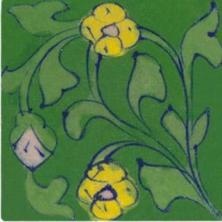 Yellow flower and light green leaves on green tile