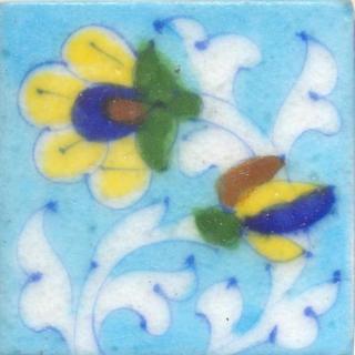 Yellow and Blue Flowers With White Leaves On Turquoise Base Tile