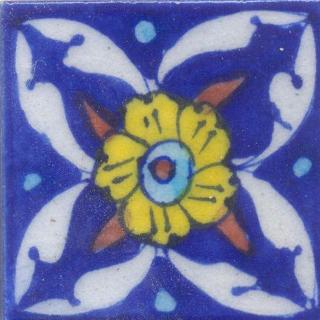 Yellow Flowers and White Pattern On Blue Base Tile