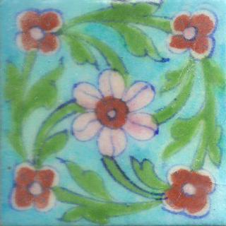 Pink & Red Flowers With Green Leaves On Turquoise Base Tile