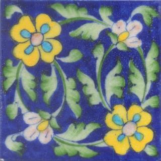 Two Yellow and Turquoise Flowers Lime Green leaf with Blue Base Tile