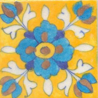Turquoise,Brown and Yellow Flower and White leaf with Yellow Base Tile