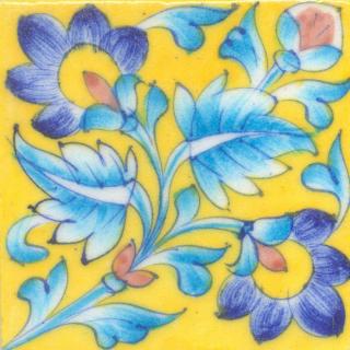 Blue,Yellow and Brown Flower and Turquoise leaf with Yellow Base Tile