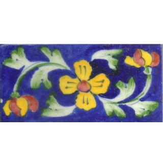 Yellow Flowers With Green Leaves On Blue Base Tile