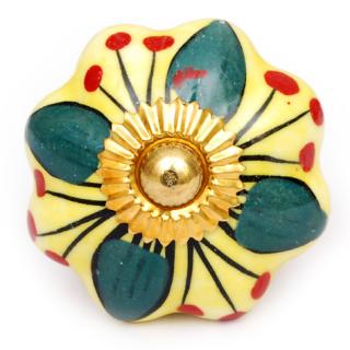 KPS-4551 - Green Flower with a Yellow Background on a White Ceramic Cabinet Knob