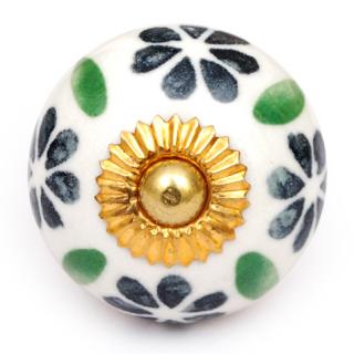 KPS-4585 - Green Flowers and Leaves on a Round White Ceramic Cabinet Knob