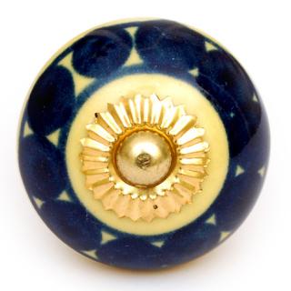 KPS-4587 - Dark Blue and Yellow Design on a Round Ceramic Cabinet Knob