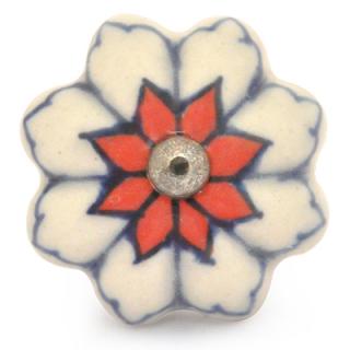 KPS-9052-Red Flower and Blue Line with White Ceramic knob